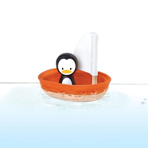 PlanToys® Wooden Penguin Sailing Boat Bath Toy for Toddlers | Montessori Floating Toy for Kids | Eco-Friendly Baby Water Toy for Bathtub, Pool & Water Table