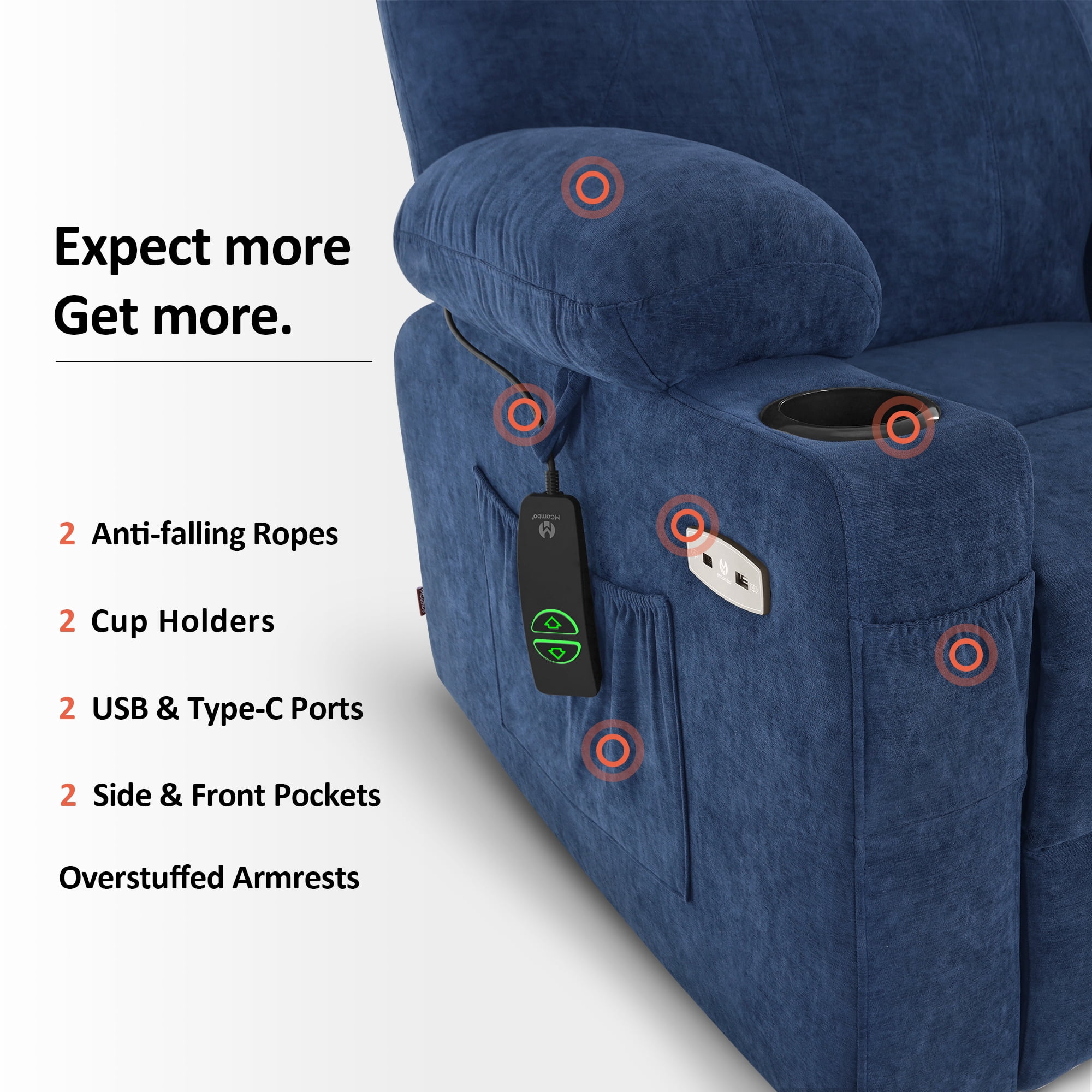 MCombo Large Power Lift Recliner Chair Sofa with Massage and Heat for Big and Tall Elderly People, 3 Positions, Cup Holders, and USB Ports, Extended Footrest, Fabric 7516(Large,Admiral)