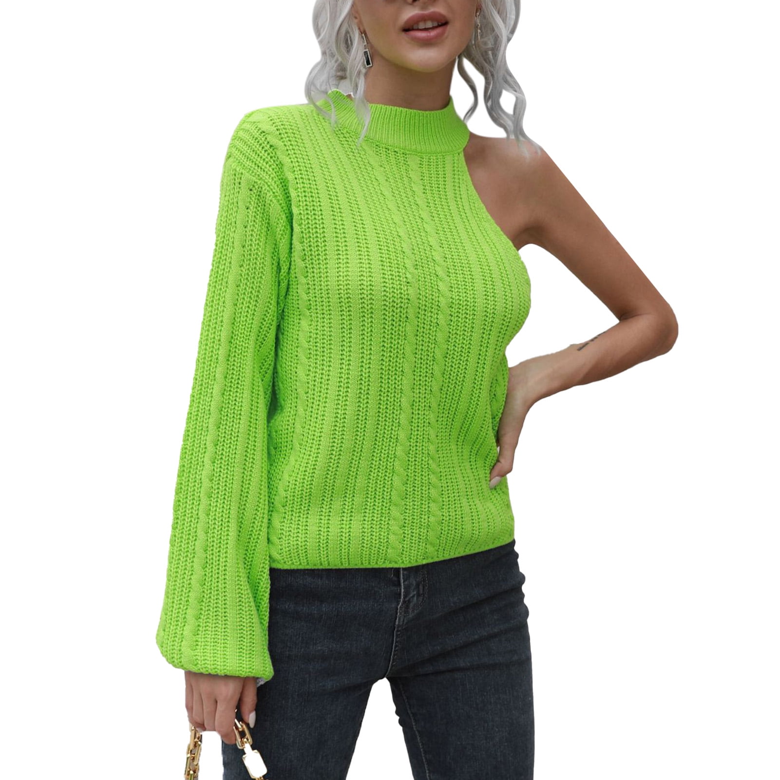 Women One Shoulder Sweater Crewneck Solid Color Casual One Shoulder Long Lantern Sleeve Knit Sweater Top