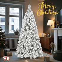 Tcbosik 7ft Flocked Hinged Artificial Christmas Tree for Home Office Party Decoration, Unlit Xmas Tree with 1060 Branch Tips and Metal Stand, Green & White