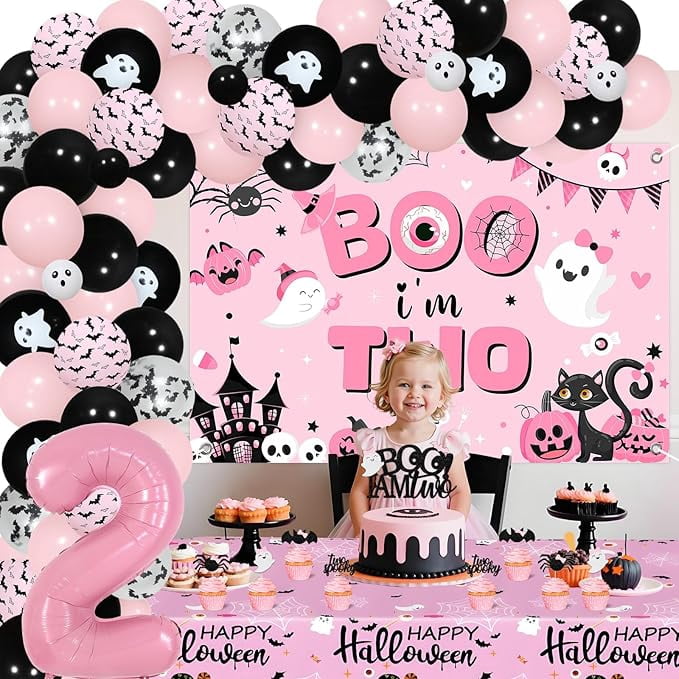 Halloween 2nd Birthday Decoration Girl Boo I’m Two Backdrop Cake Cupcake Topper Table Cloth Pink Black Halloween Foil Balloon Garland Arch Kit for Two Spooky 2 Years Old Birthday Decoration