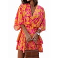 thumbnail image 3 of Women'S V-Neck Fashion Print Wavy Sleeve Skirt Dress Summer Spring Floral Boho Dress Tangerine Color XL, 3 of 6