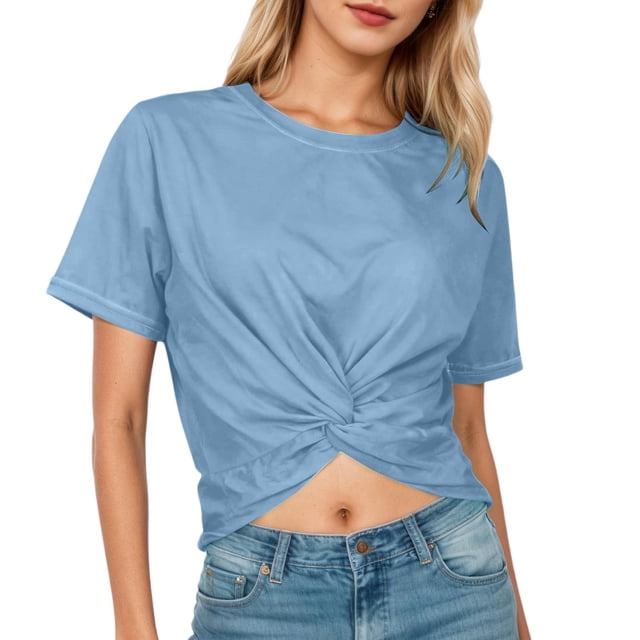 Rhuody Womens Spring Tops Summer Short Sleeve Tee Solid Color Blouse Round Neck Cropped T Shirt Retro Clothes Light Blue M