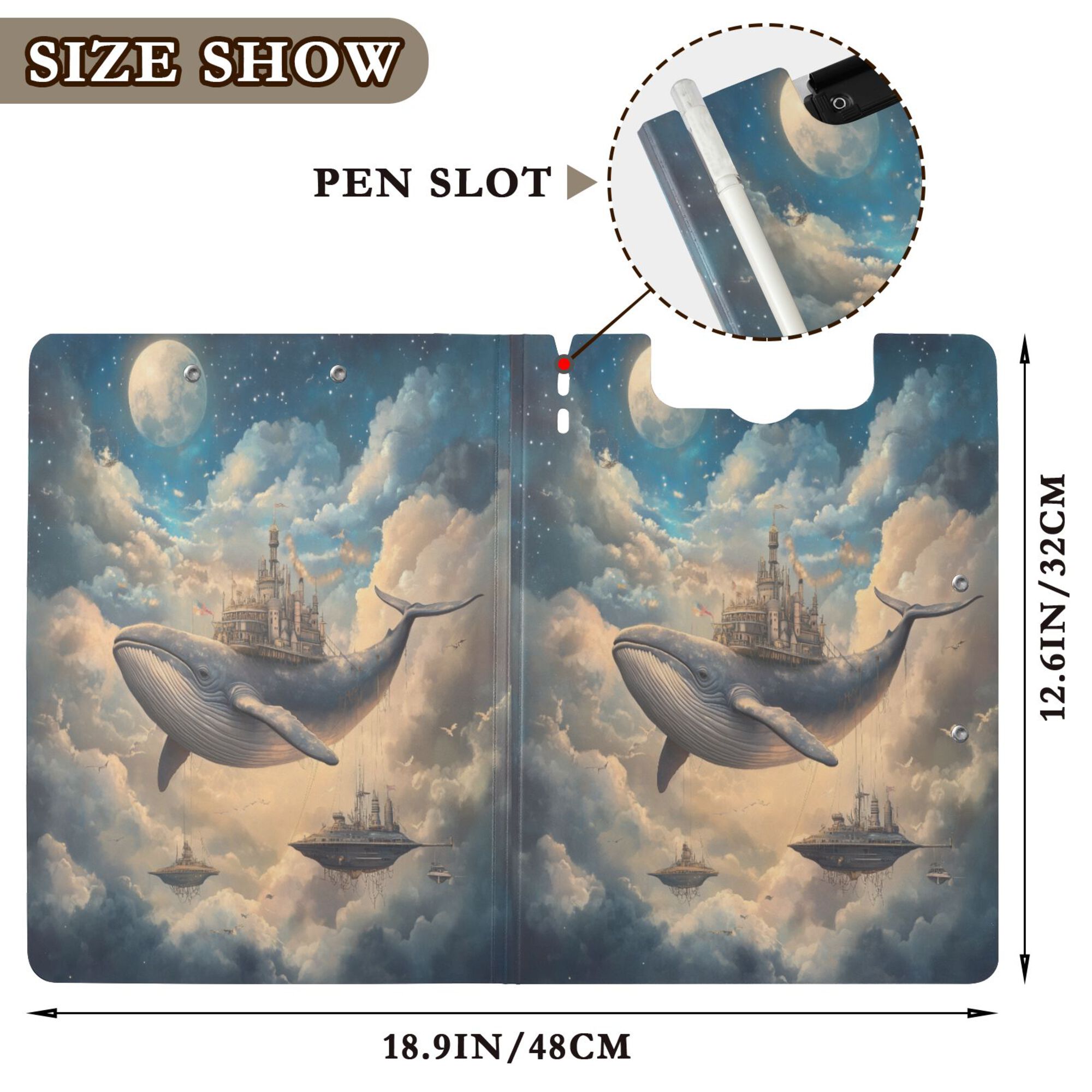 FORMRS A4 Clipboard Folder with Pen Holder Horizontal Foldable School Office Binder, Floating Whale