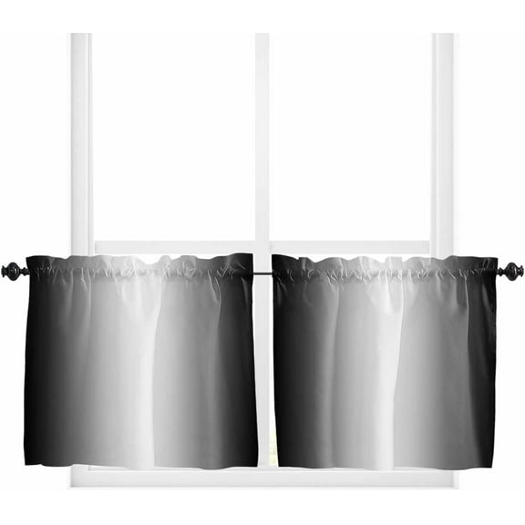 Black Ombre Tier Curtains 36 Inch Length - 2 Panels, Rod Pocket Curtain Panels, Black Grey White Gradient Modern Abstract Art Window Treatment for Bedroom/Kitchen/Bathroom, 55W x 36L Inch