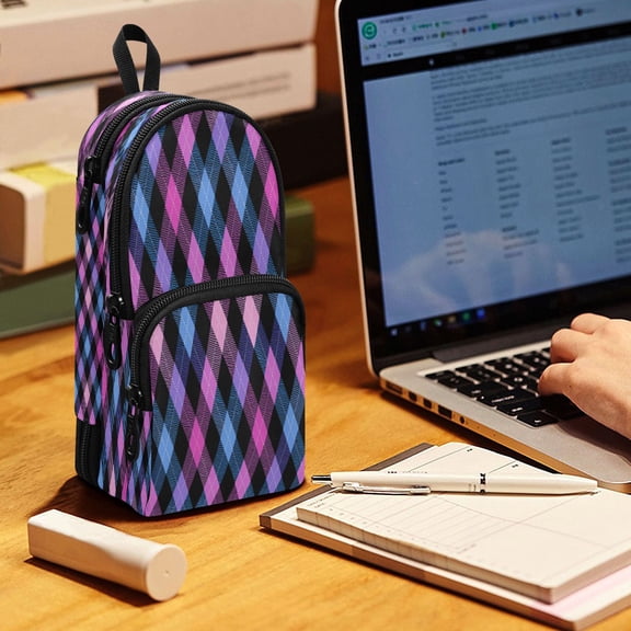 Backpack Pencil Case, 3 Compartment Large Capacity Oxford Fabric Pencil Pouch / Pastel Gradient Diamond Plaid