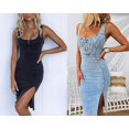 thumbnail image 6 of sicmoss Women's Black Sleeveless Bodycon Denim Dress Midi Side Slit, 6 of 7