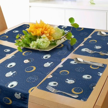 

Cartoon Table Runner & Placemats Bunny Polar Bear Penguin Inside Full Crescent Moon New Year Themed Set for Dining Table Placemat 4 pcs + Runner 12 x90 Night Blue and Pale Coffee by Ambesonne