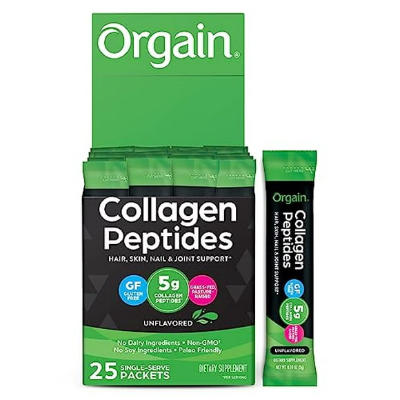Orgain Paquetes de viaje de péptidos de colágeno hidrolizado para mujeres y hombres - 5 g de colágeno alimentado con pasto por porción, suplemento de soporte para cabello, piel, uñas y articulaciones,