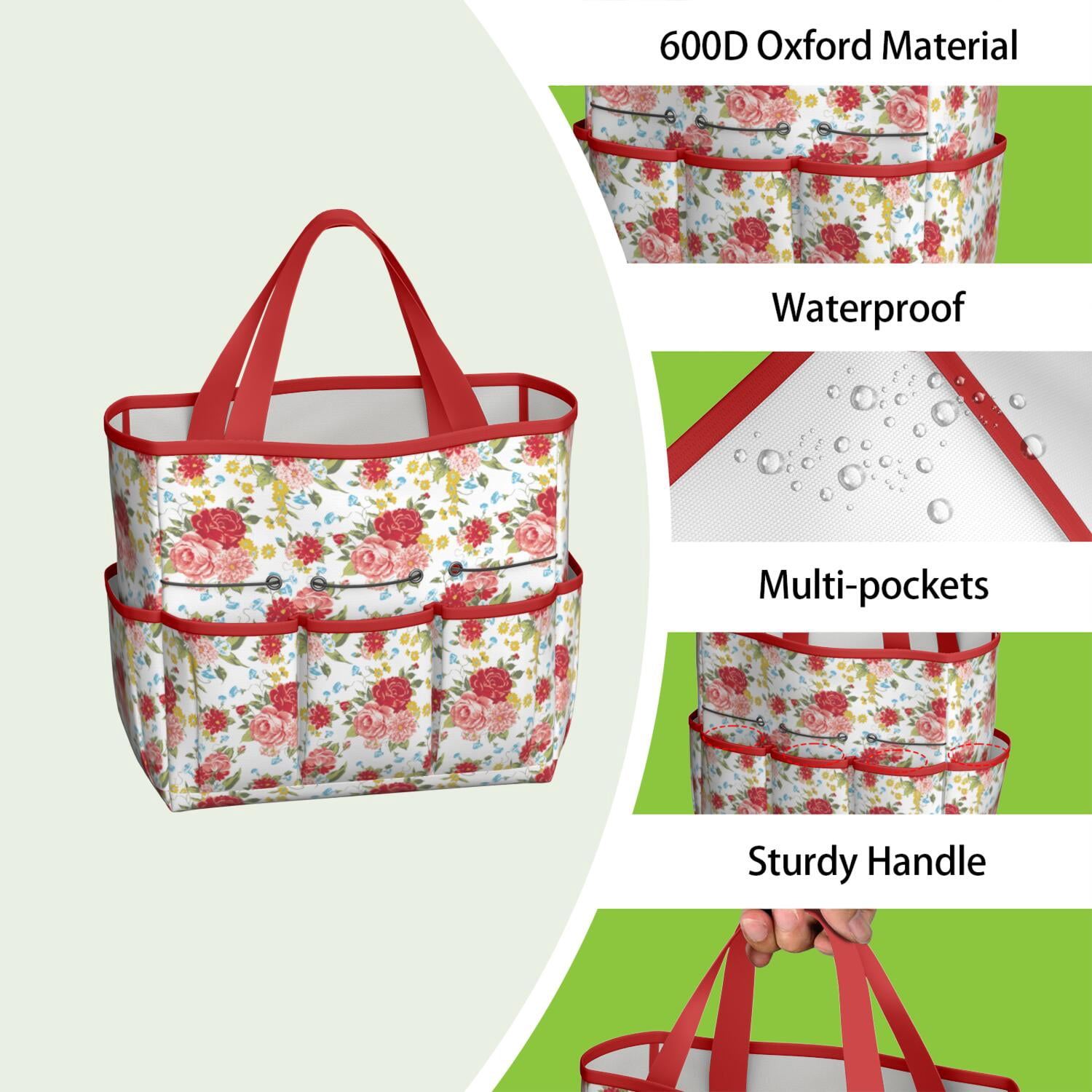 Bright Flowers Garden Tools Bag, Water-proof Oxford Garden Tote Home Organizer Gardening Tool Bag Kit Holder with 8 Pockets for Indoor and Outdoor Gardening(Tools Not Included)