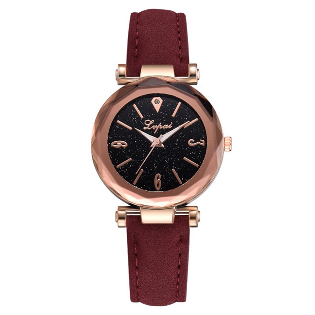 Reloj analógico con esfera de cielo y estrellas para mujer, correa de cuero PU, reloj de pulsera de cuarzo (rojo)