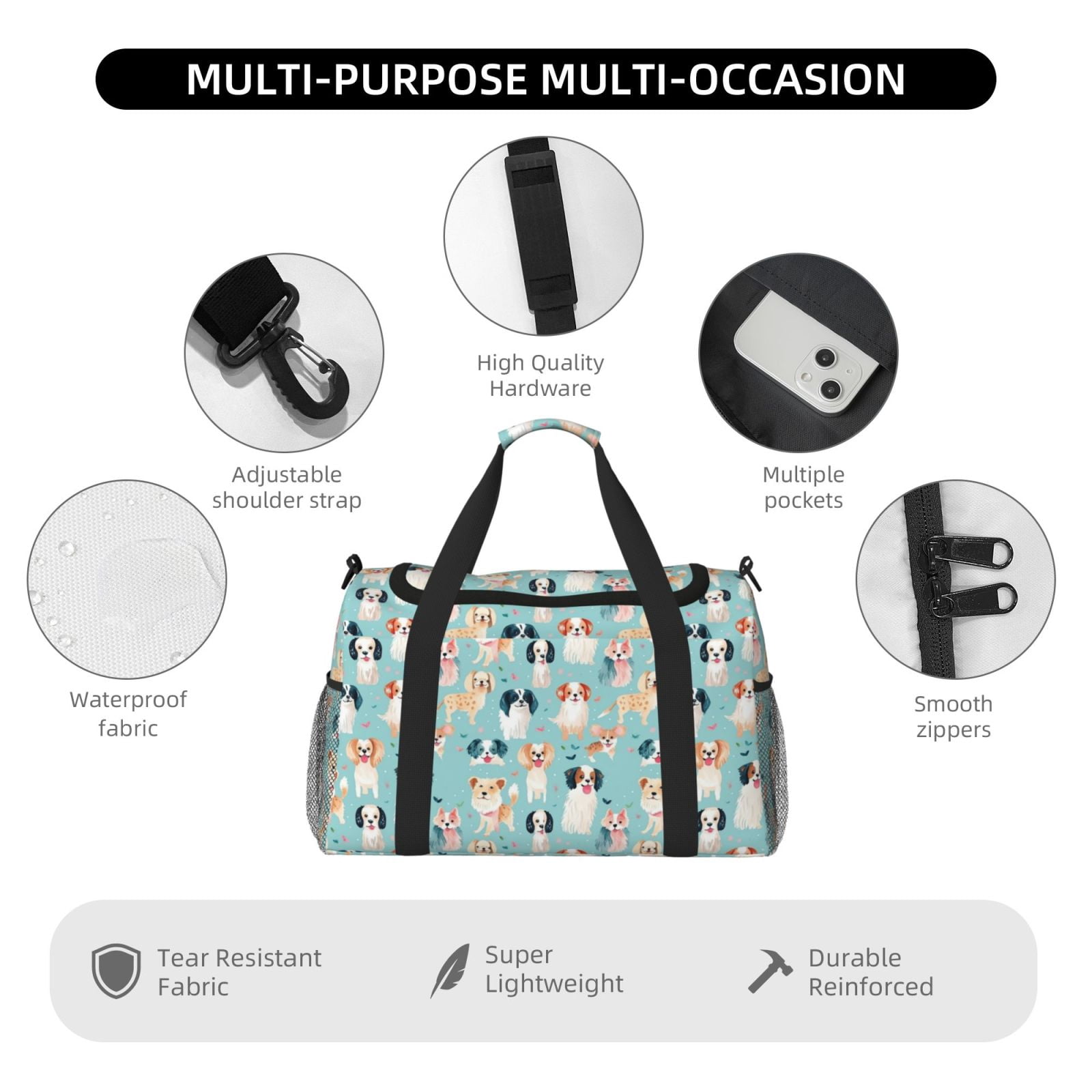 Fuzoiu Colorful Dog Print Travel Duffle Bag,Carry On Tote Bags,Duffel Bag,Sport Gym Bag, Hospital Bag for Labor and Delivery, Overnight Bag,Luggage Bag