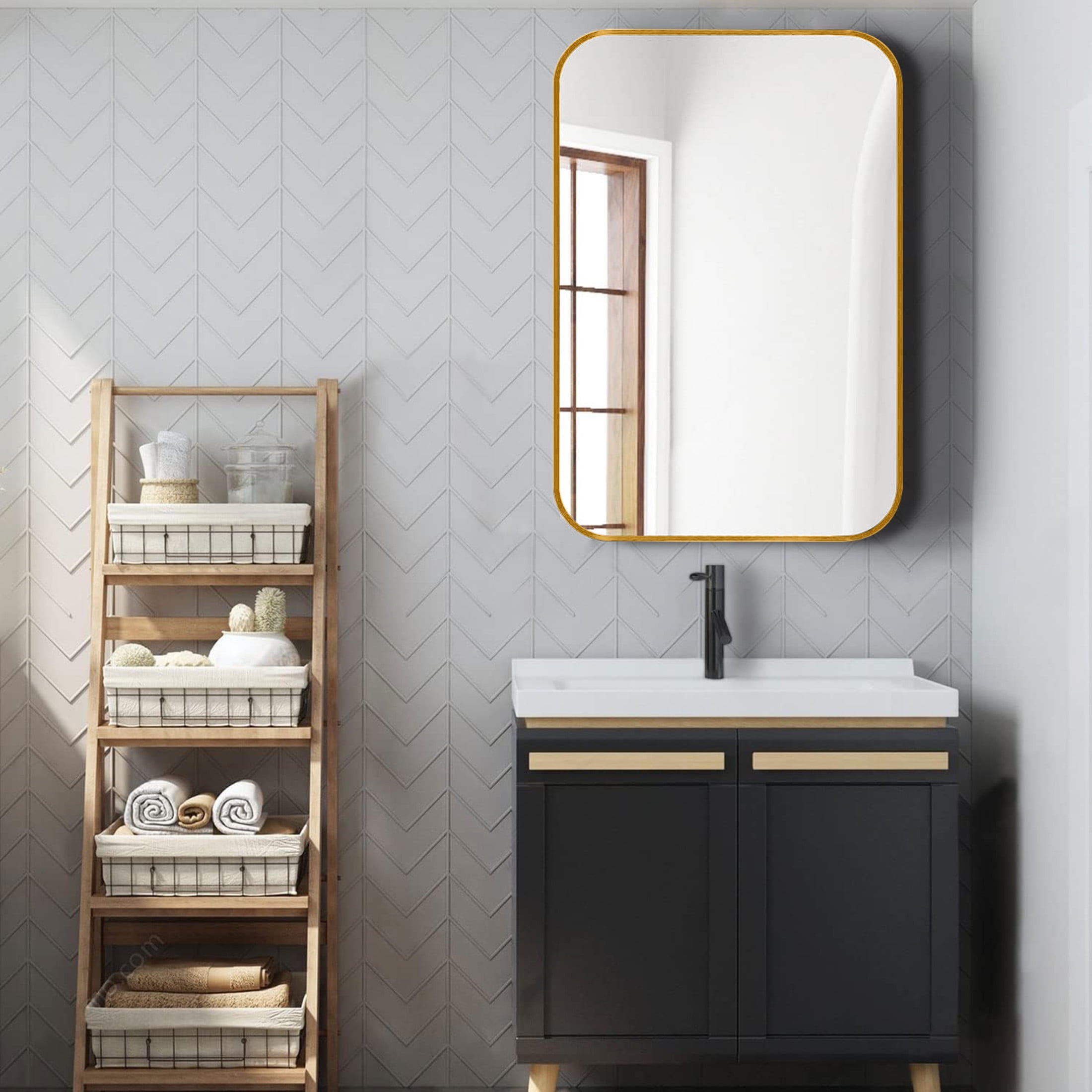 Noble House 24"x36" Rectangular Bathroom Wall Mirror, Aluminum Alloy Frame, HD Shatterproof Glass, Gold