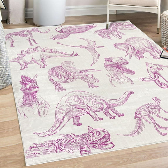Jurassic Decorative Rug, Arrangement of Various Dinosaurs Illustrations Skeleton Biology Historic, Quality Carpet for Bedroom Dorm and Living Room, 6 Sizes, Violet White, by Ambesonne