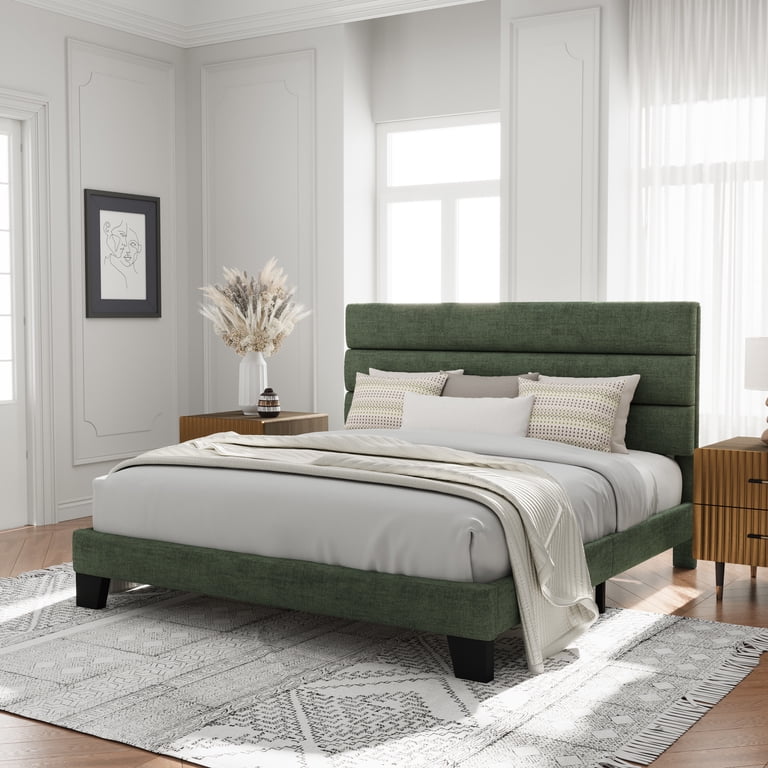 Allewie King Platform Bed Frame, Green Chenille Headboard photo 2