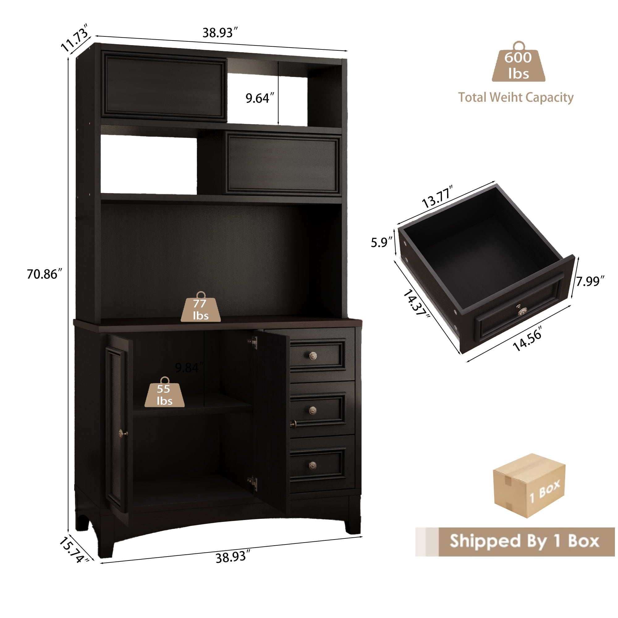 71" Kitchen Hutch with Storage Drawers, Pantry Cabinet with Charging Station for Living Room, Dining Room, Black