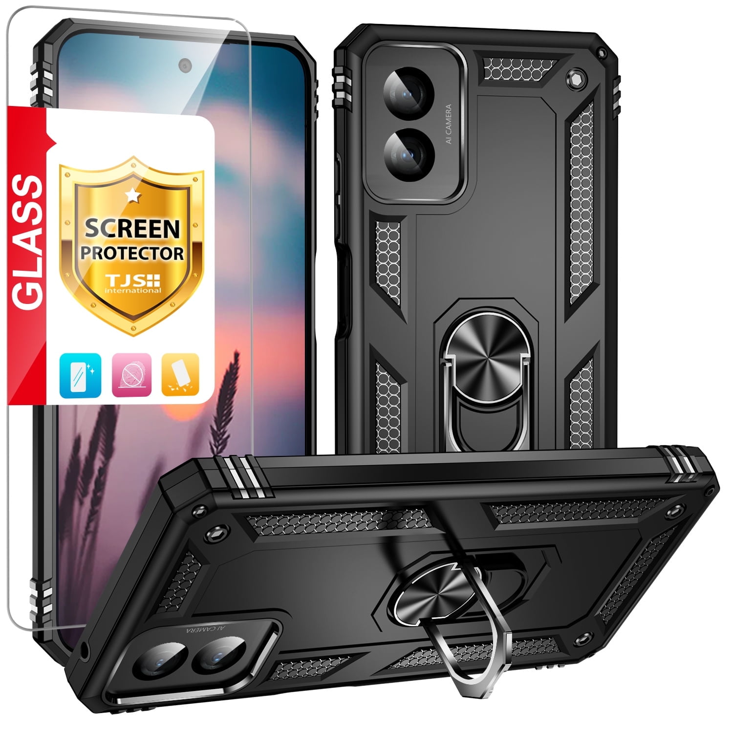 TJS for Motorola Moto G Play 4G (2024) Phone Case, with Tempered Glass Screen Protector, Impact Resistant Hybrid Metal Ring Magnetic Support Kickstand Cover for Moto G Play 4G (2024) (Black)