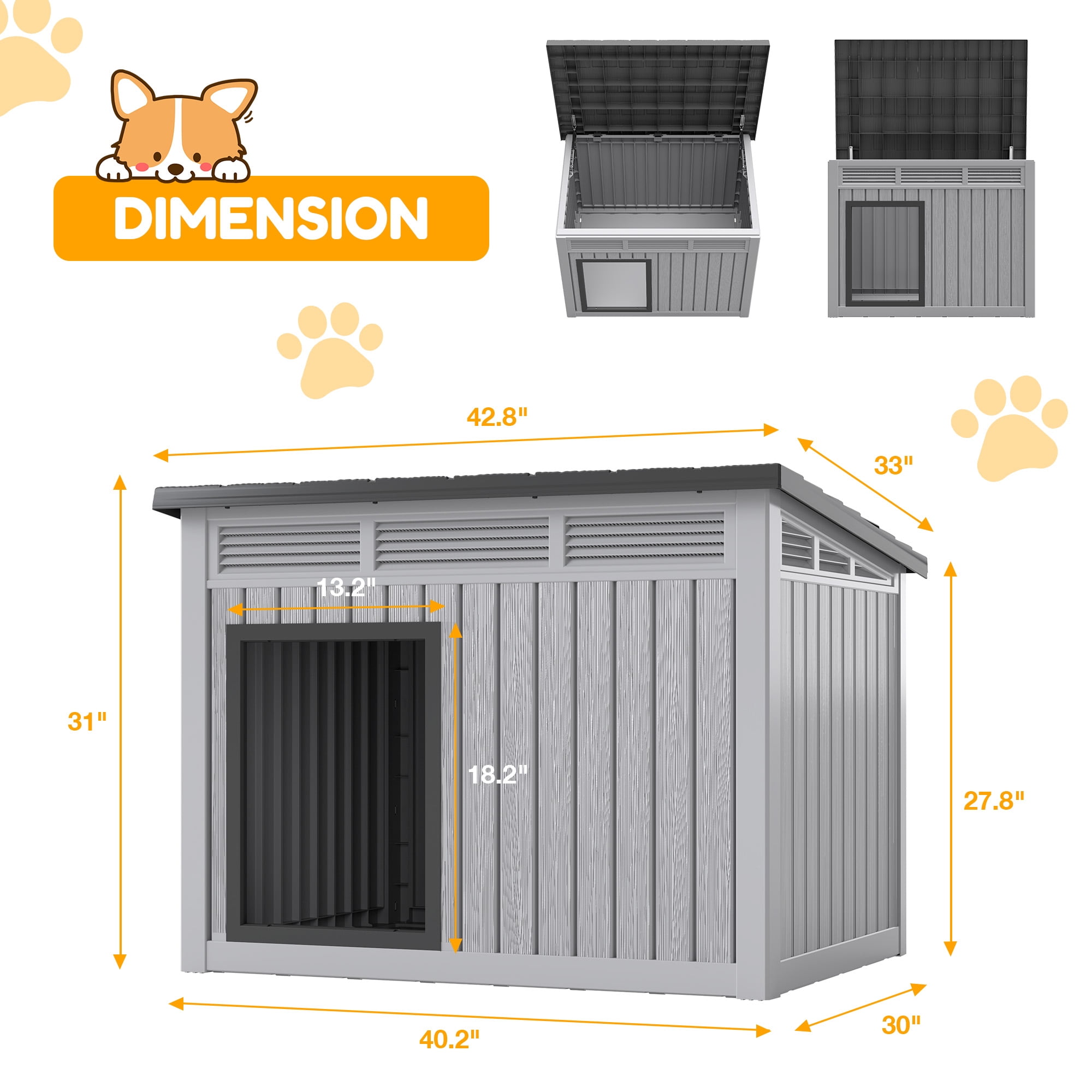Nihsuao Waterproof Dog House for Medium to Large Dogs, Indoor Outdoor PP Kennel with Ventilated Design & Removable Roof, Easy to Clean, Gray, 42.2"L x 30"W x 31"H
