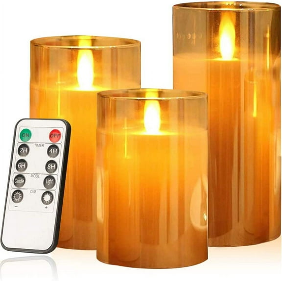 KONEE Flickering Flameless Candles, Glass LED Candles Battery Operated with Remote and Cycling 24H Timer, Flameless Wax Pillar Candle Moving Wick Yellow Light Candles for Party, Wedding, Set of 3