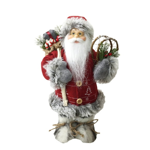 Santa Claus Figurine 12 in Standing Christmas Window Decoration for Home Holiday Decor Red White Gray Polyester
