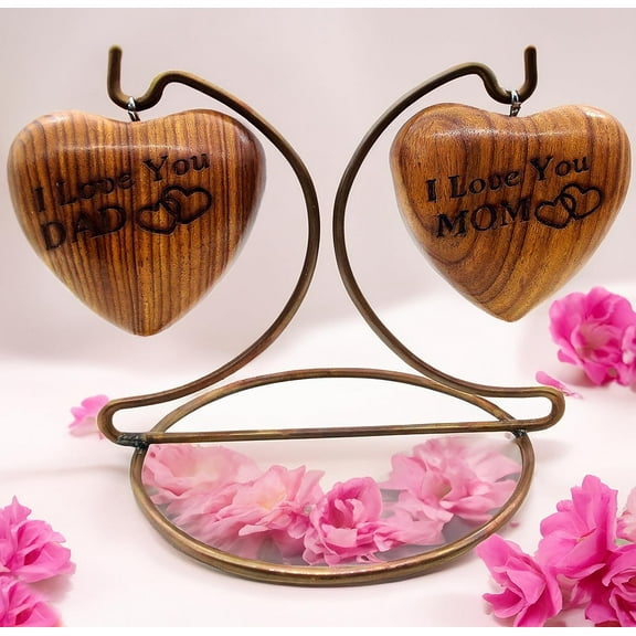 Wooden DUAL Heart Keepsake Urn Mini Ash Small Handcrafted Cremation Urn for Ashes Tribute to Your MOM AND DAD - Perfect for Your Love Ones with Display Stand with Engraved I Love You MOM and DAD