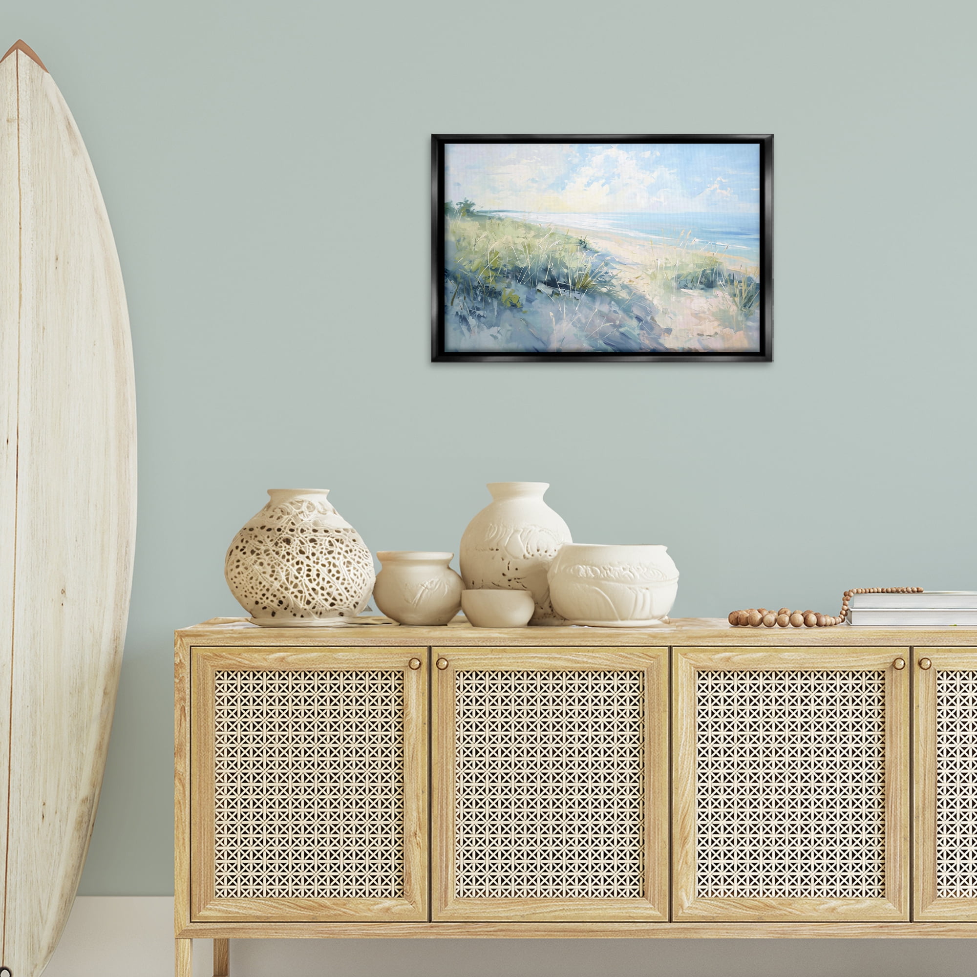 Stupell Industries Sunny Day At The Coast Nautical & Beach Painting Black Floater Framed Canvas Art Print Wall Art, 25 x 17