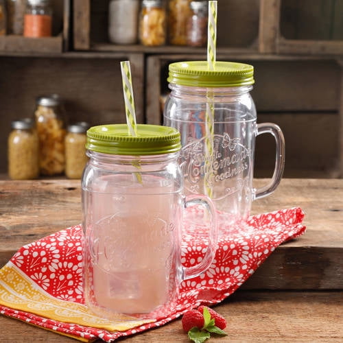 Lid and Straw Set of 4 The Pioneer Woman Simple Homemade Goodness 32-Ounce Mason Jars with Handle Clear 