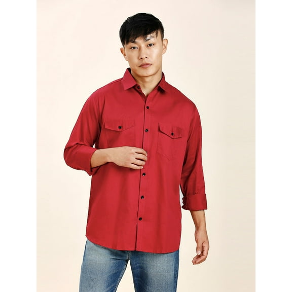 TryBuy Red Double Pocket Men's Button-Up Shirts, Full Sleeves Casual Dress Shirt, Sizes M
