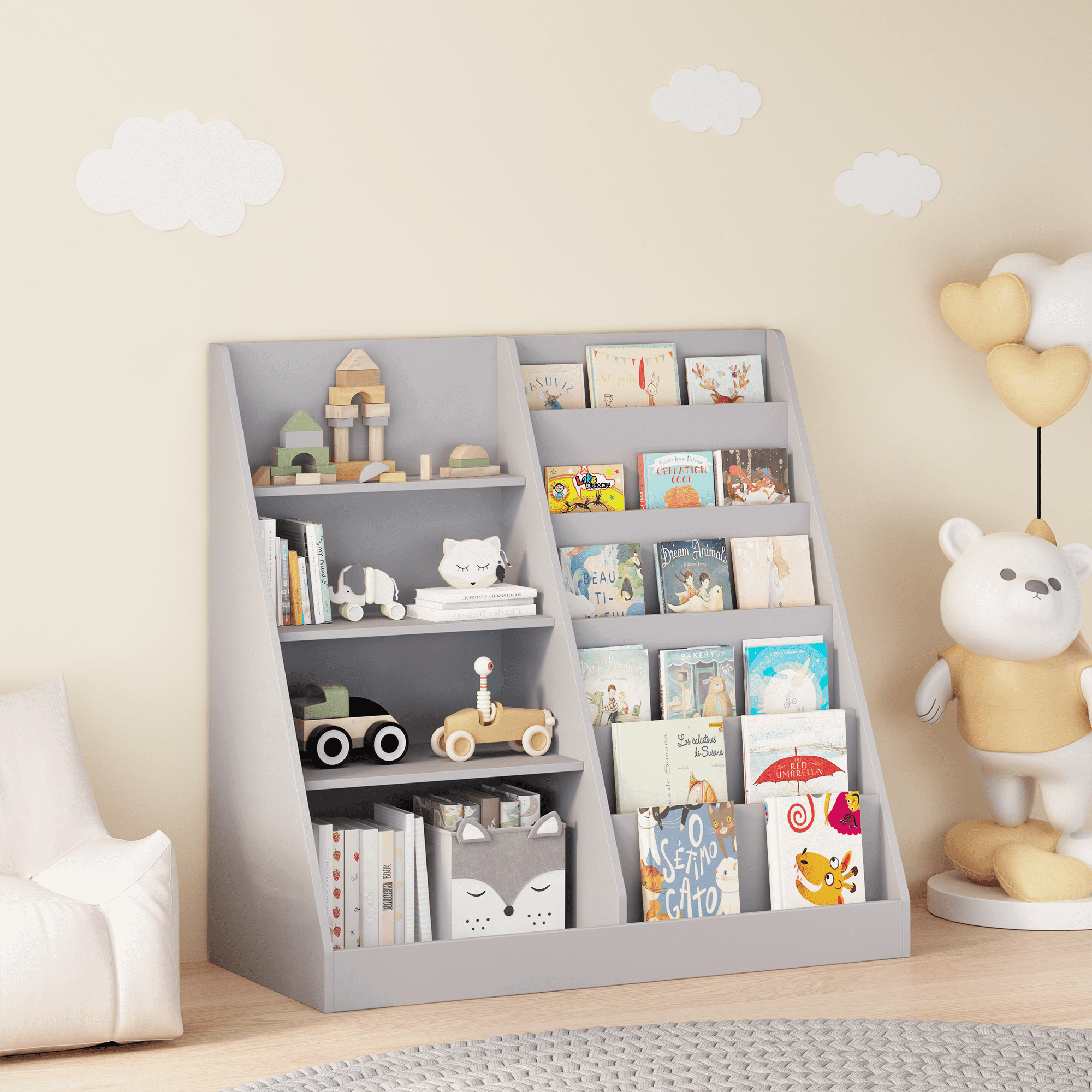 Kids Furniture Kids Bookshelf and Toy Storage Organizer, Multifunctional 4 Tier Wooden Kids Book Shelf with Bookcase Display Stand in Kids Room Playroom Nursery for Kids, Children, Toddlers (Gray),Ba