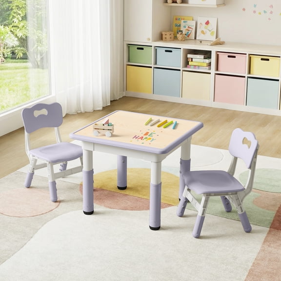 DOREROOM Kids Table and 2 Chairs Set, Height-Adjustable Toddler Table and Chairs Set with Graffiti Desktop, 23.6''L x 23.6''W Children Activity Table for Daycare, Classroom, Home