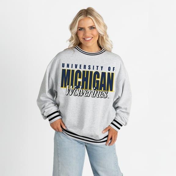 Women's Gameday Couture Gray Michigan Wolverines Oversized Showdown Ringer Stripe Sweatshirt