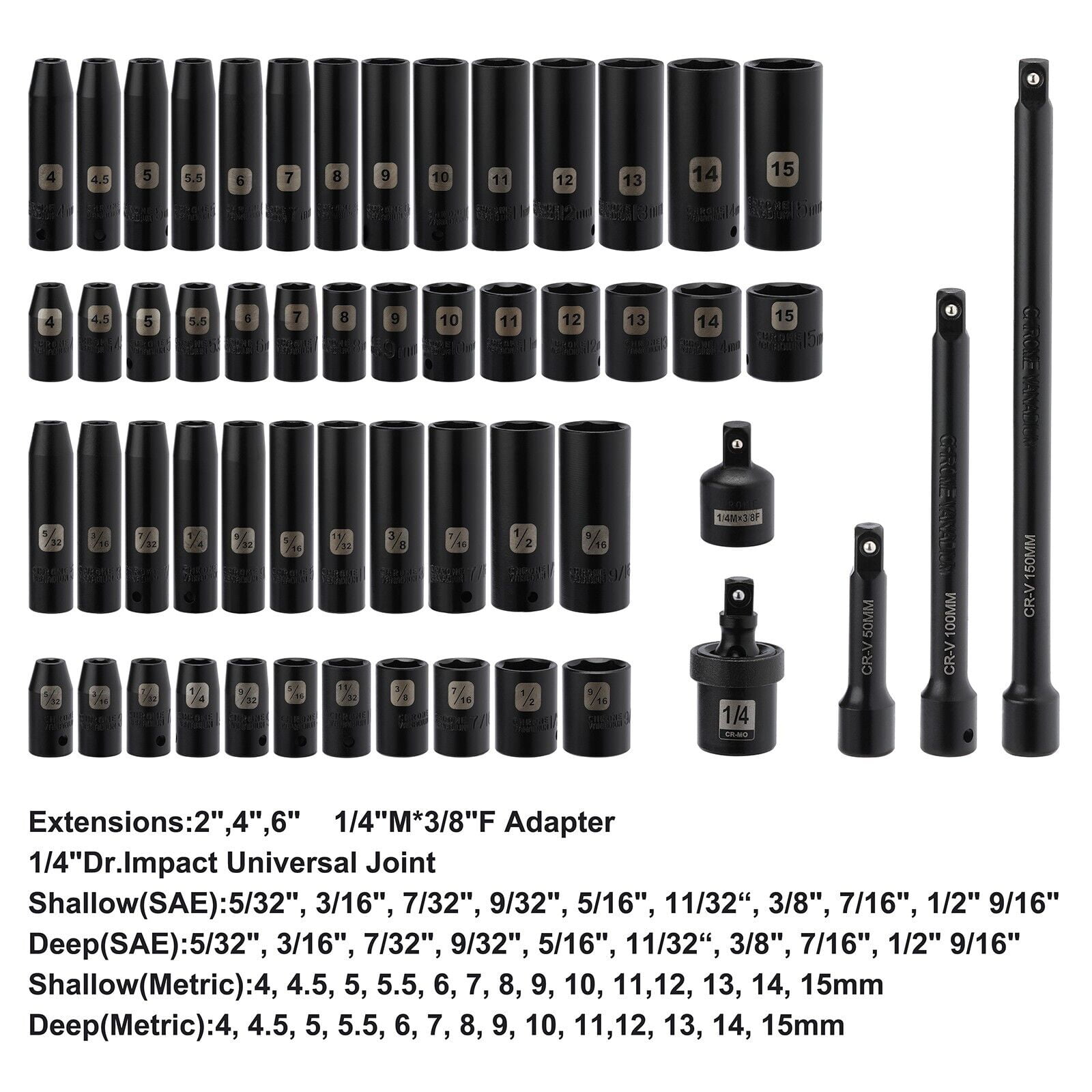 1/4" Drive Impact Socket Set, 55 Pieces Metric & SAE Sockets , Shallow & Deep