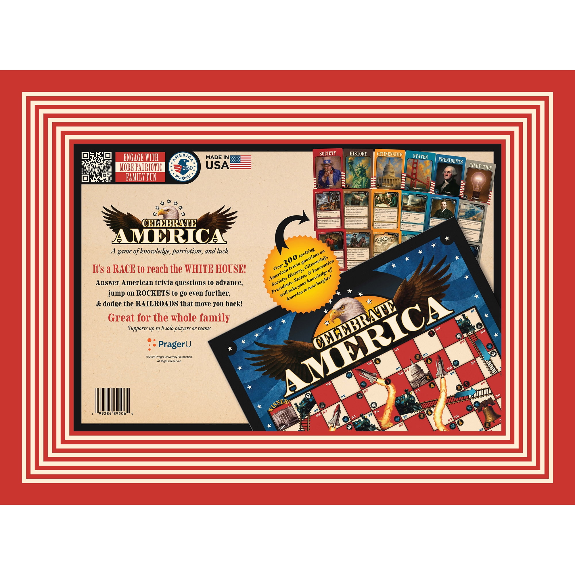 PragerU: Celebrate America - Race to the White House Board Game, USA Trivia Game, America’s 250th Anniversary Edition, Families & Kids 8+, 2+ Players