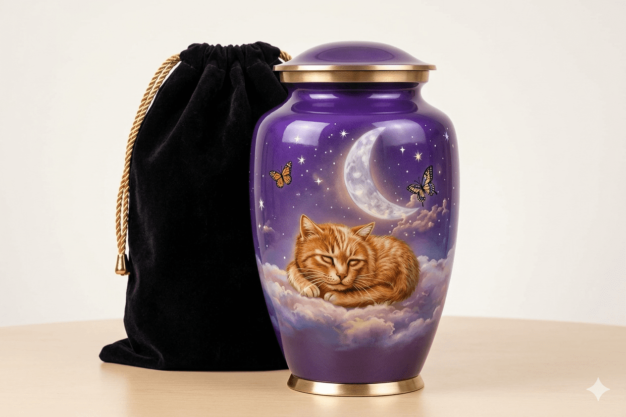 Purple Cat Cremation Urn – Pet Memorial Urn with Moon & Stars Design 10 inch premium