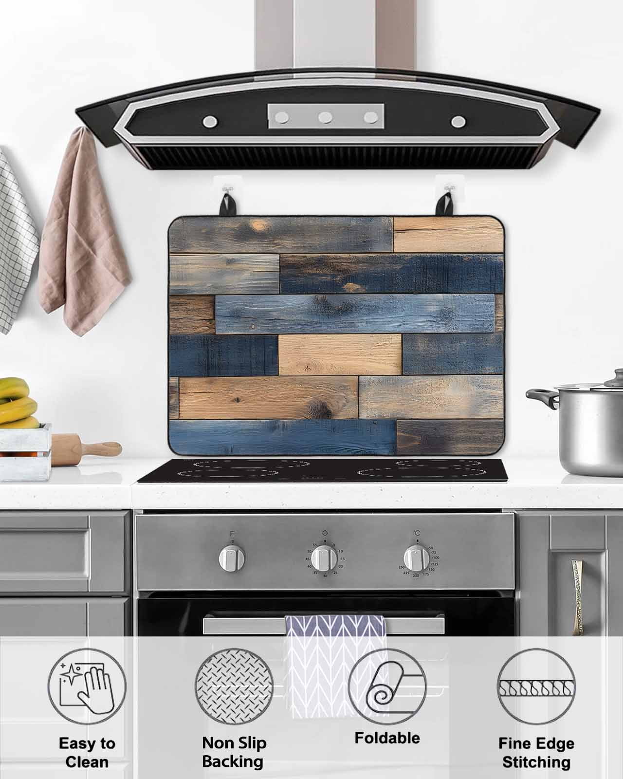 nqOlkjepod Large Induction Cooktop Protector Mat 24"x21", Navy Blue Brown Wood Stove Top Covers for Electric Stove, Farmhouse Vintage Wooden Decorative Stove Burner Cover Mats, Glass Top Stove Cover