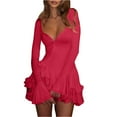 thumbnail image 3 of Vestidos de Invitada de Boda de Larga para Mujer, Sexy, con Escote en V Profundo, Vuelo y Volantes Rojo S, 3 of 8