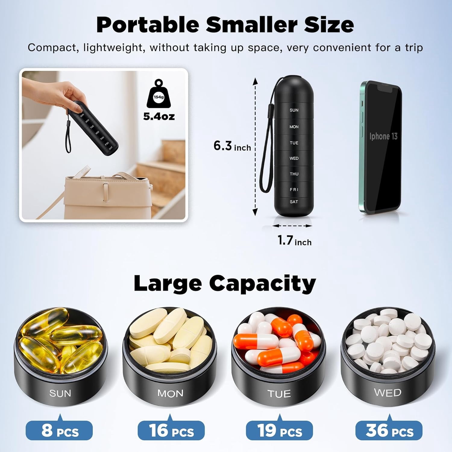 Zannaki Metal Moisture Proof Weekly Pill Organizer, Stackable Aluminum Alloy BPA Free Travel Hiking 7 Day Pill Box Case Waterproof and Large Compartment to Hold Pills, Vitamins, Fish Oil, Supplements