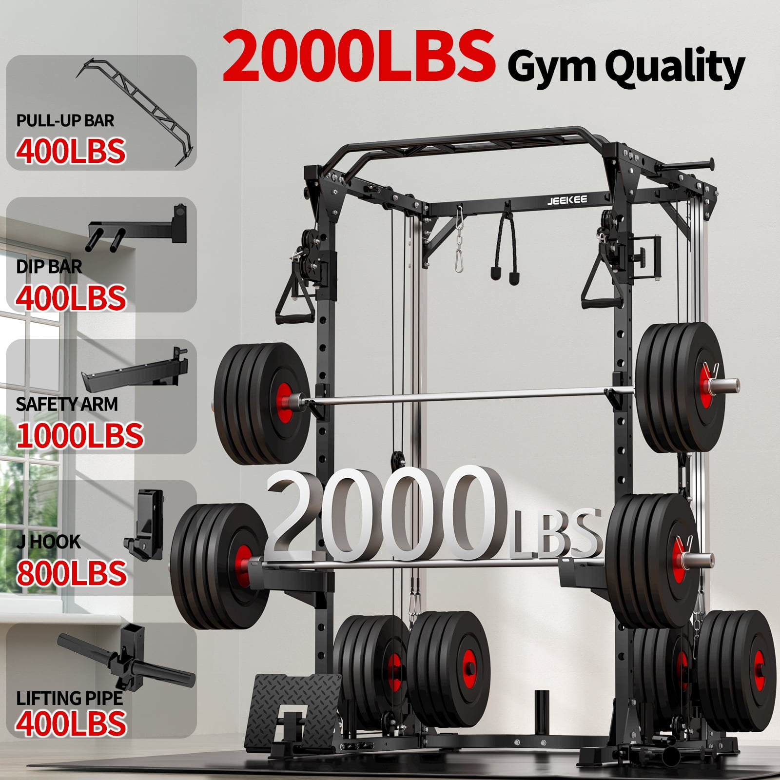 BOGYKIK 2000 lbs Heavy Duty Power Rack with Cable Crossover, Multi-Functional Squat Stand with LAT Pulldown Seat & 25 Attachments, All-in-One Home Gym Smith Machine for Garage Workout