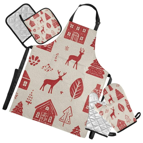 Red Reindeer Christmas Tree House Apron Set with Oven Mitts Pot Holders Set of 5 Kitchen Stuff Accessories