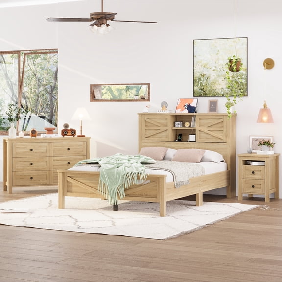 Natural 3-Piece Bedroom Set: Full Size Farmhouse Platform Bed with Double Sliding Door Storage Headboard, Charging Station, Storage Nightstand & Dresser​