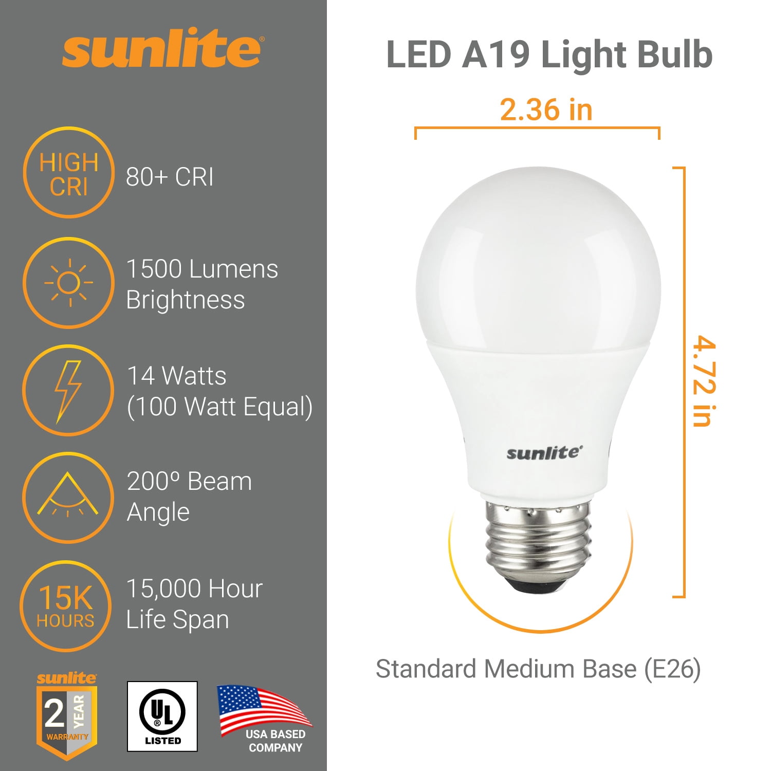 Sunlite LED A19 Light Bulbs, 14 Watts (100W Equivalent), Medium Base (E26), Non-Dimmable, Frost, UL Listed, 5000K Daylight, 6-Pack