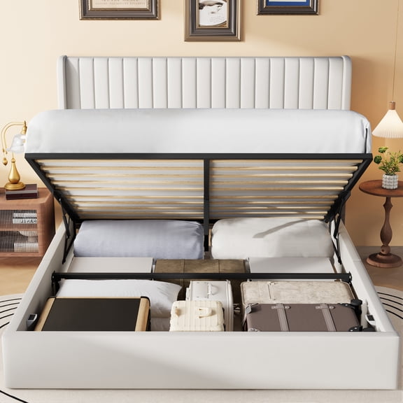 Frostbloom King Size Velvet Lift Up Storage Bed with Wingback Headboard, Off-White
