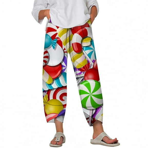 CLOOCL Loose Plus Size Pants for Women Christmas candy Print Elastic Waist Female Clothing Trousers Casual Jogging pants