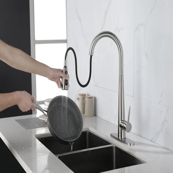 Kitchen Faucet with Pull Down Sprayer Brushed Nickel, High Arc Single Handle Kitchen Sink Faucet with Deck Plate, Modern Stainless Steel Kitchen Faucets