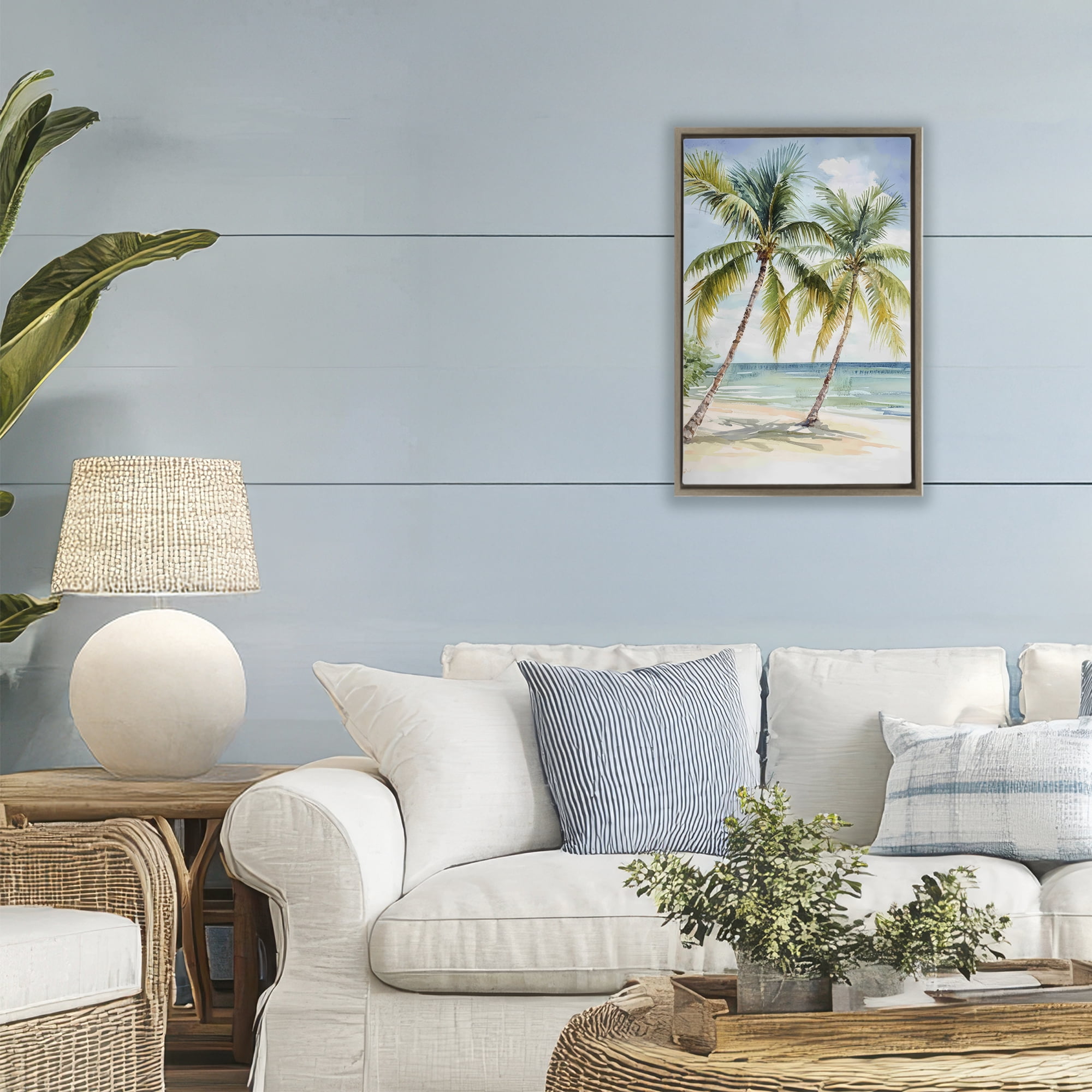 Stupell Industries Shady Palm Beach Escape Brown Framed Floater Canvas Wall Art, design by Petal Prints Design