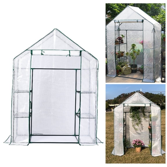 Happydeer Greenhouse Shed Mini Greenhouse for Courtyard Balcony, Portable Metal Frame Walk-in Greenhouse with Roll-Up Door 3 Tier Shelves Easy Assembly