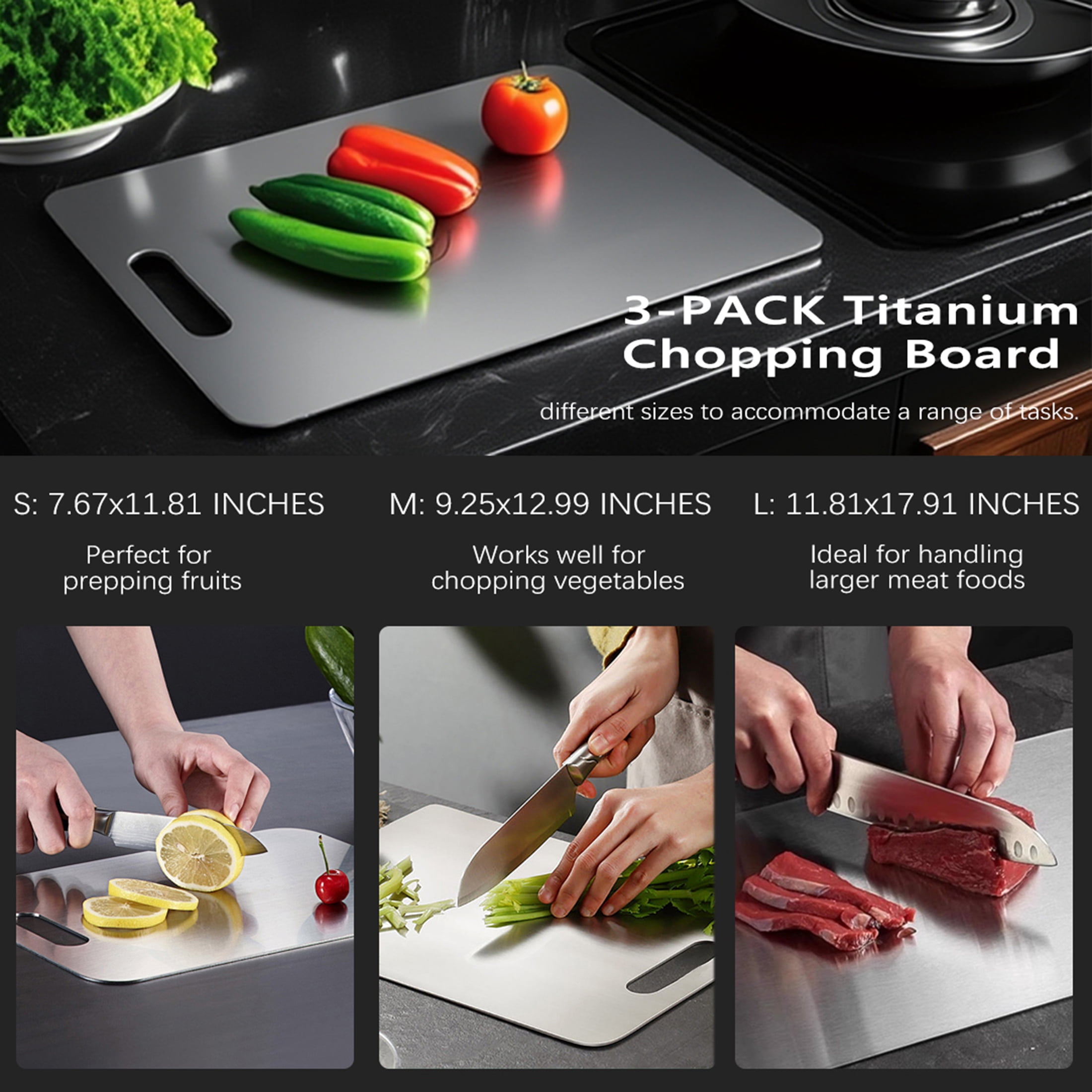 Titanium Cutting Board-3 pack Titanium Cutting Boards for Kitchen/Double Sided Titanium Cutting Mat(S+M+L)