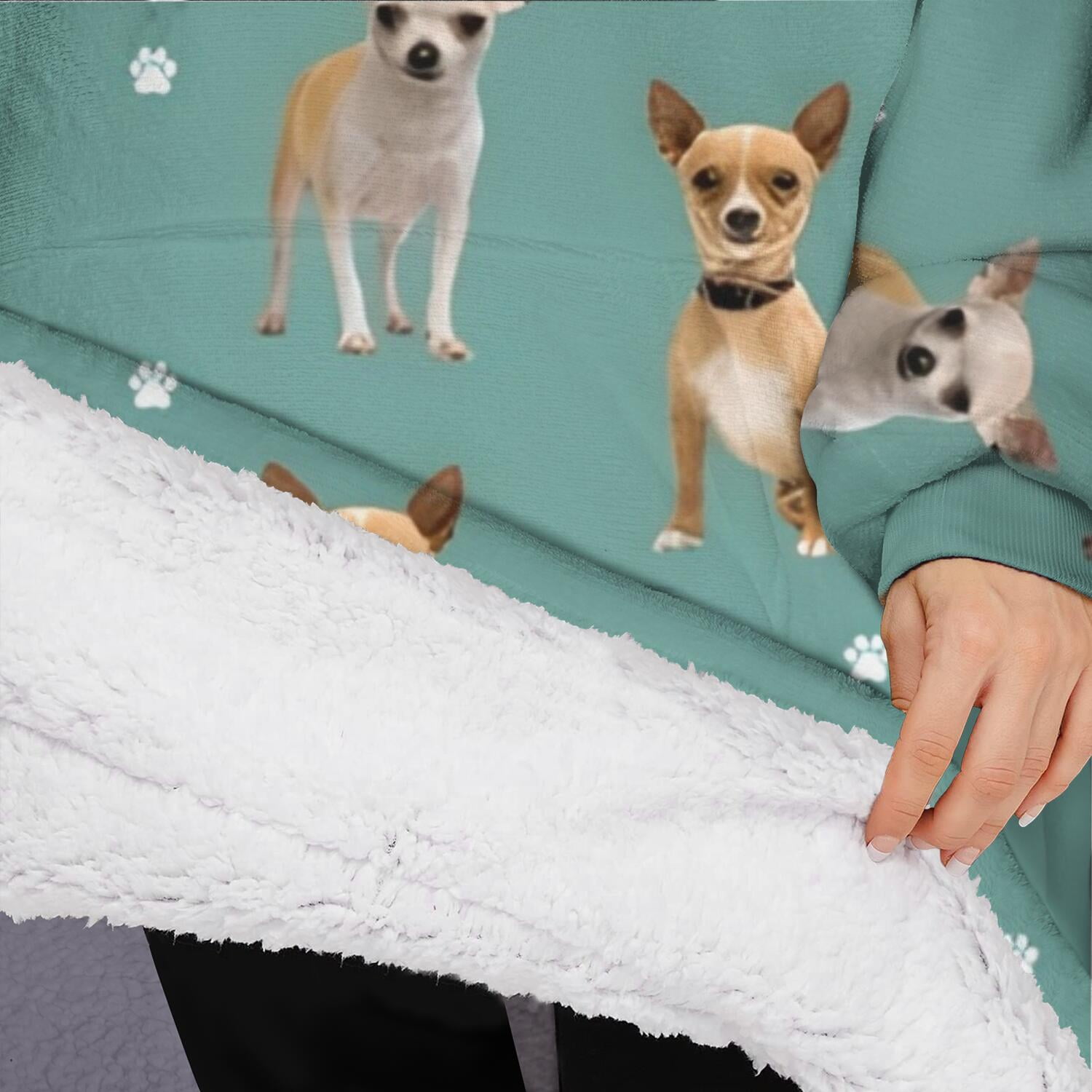 Oversized Wearable Blanket Hoodie,Chihuahua and Footprints Sherpa Blanket Hoodie with Super Pockets,Super Warm Fuzzy Pullover for Women & Men