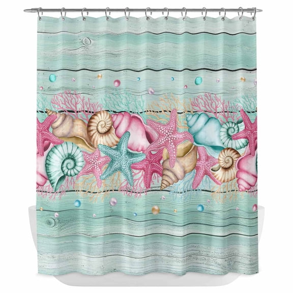 Xipuska Pink Starfish Ocean Shower Curtain - Water Repellent Fabric Shower Curtains Washable, Coastal Conch Green Wood Plank Farm Decorative Cloth Bathroom Curtains Modern Bath Decor 66"x72"