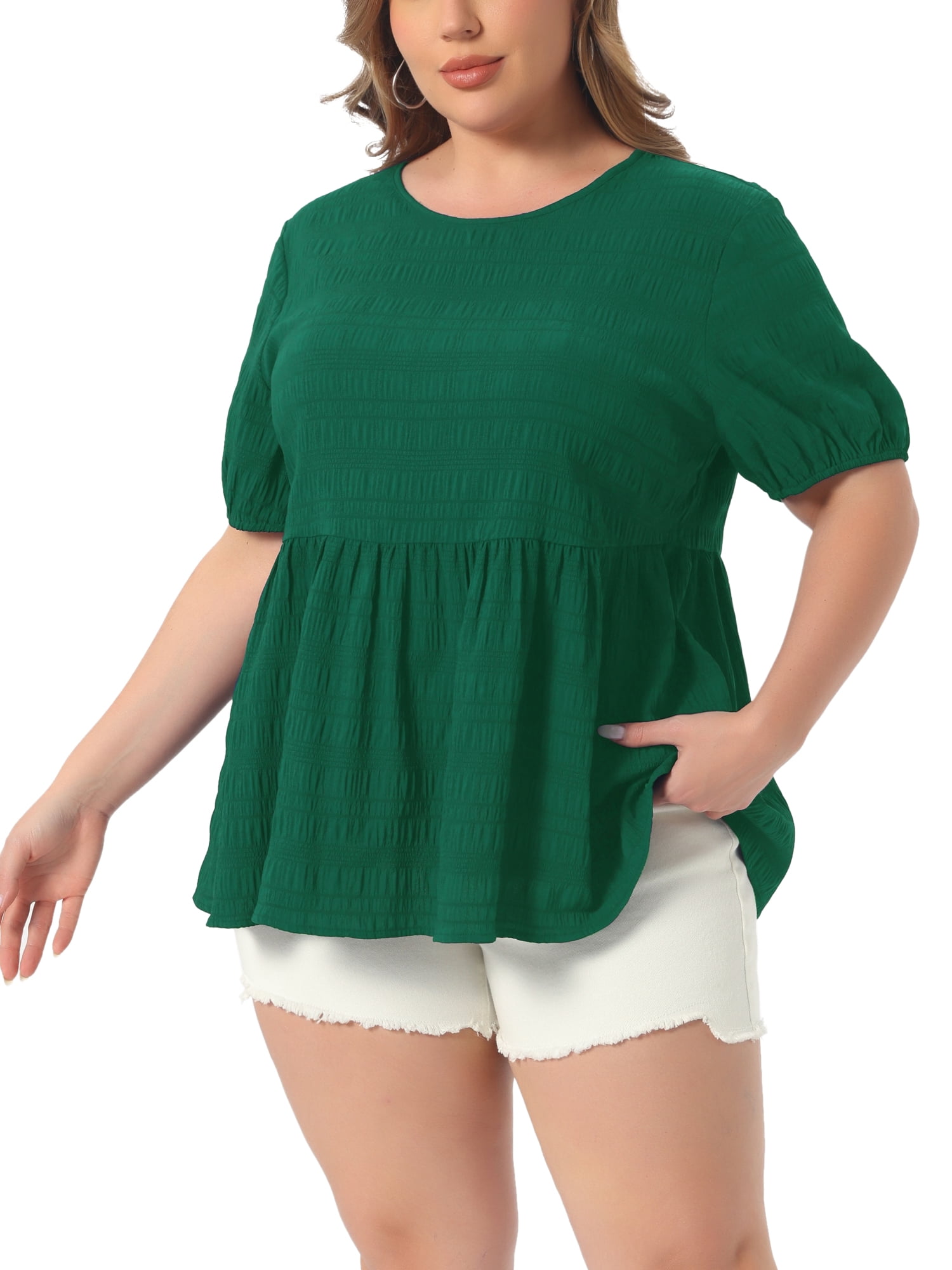 DARING DIVA Women's Plus Babydoll Tops Crewneck  Loose Fit Flowy Blouse 1X Dark Green